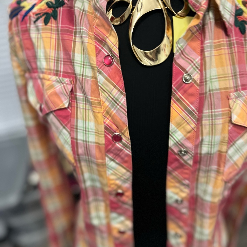 Plaid Button-Up Shirt with Embroidered Shoulders